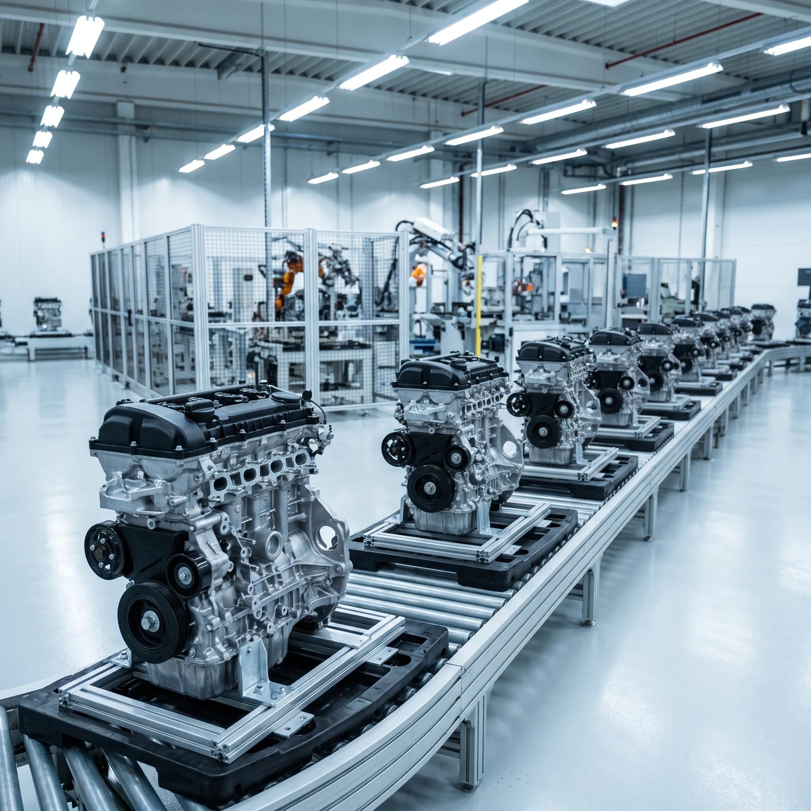 A line of bare engines on an assembly line, open on every side