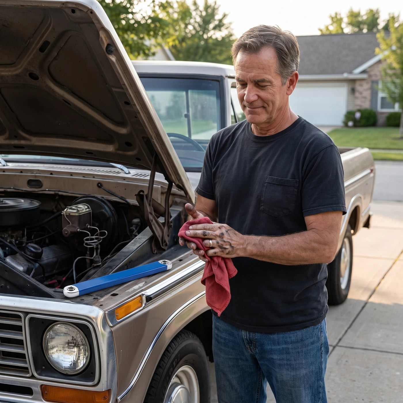 A man in his driveway wiping his hands after the job, the bar resting on his truck's fender
