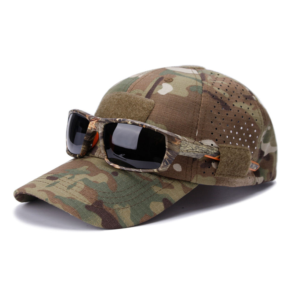 Rimrock Field Cap, side view, with Trailguard sunglasses tucked into the front side loop