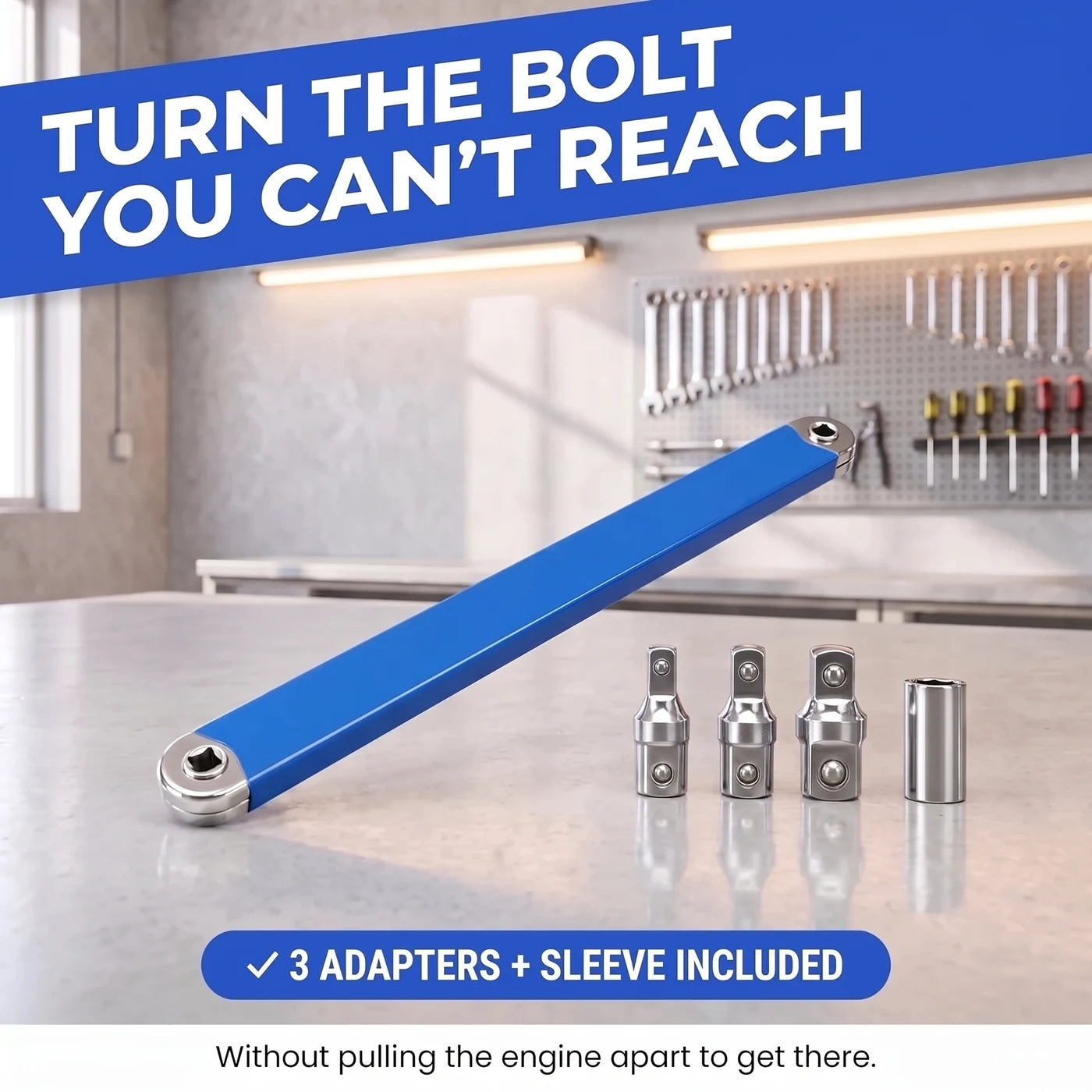 The bar with its three adapters and sleeve on a garage counter